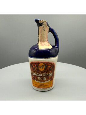 Vintage Dolfi Curacao Orange Ceramic Jug Mini Bottle Strasbourg France Empty